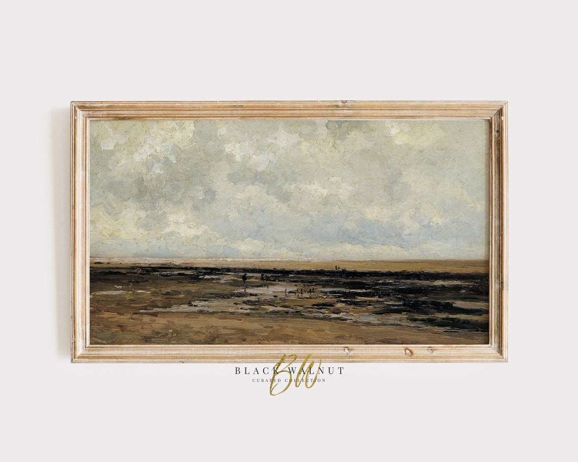 Frame Tv Art Villerville Beach Moody Antique Oil Painting Vintage Landscape Vintage Coastal Art French Farmhouse French Country