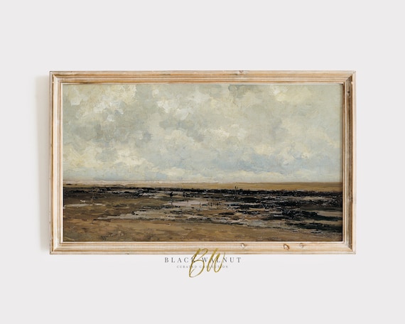 Frame Tv Art Villerville Beach Moody Antique Oil Painting Vintage Landscape Vintage Coastal Art French Farmhouse French Country