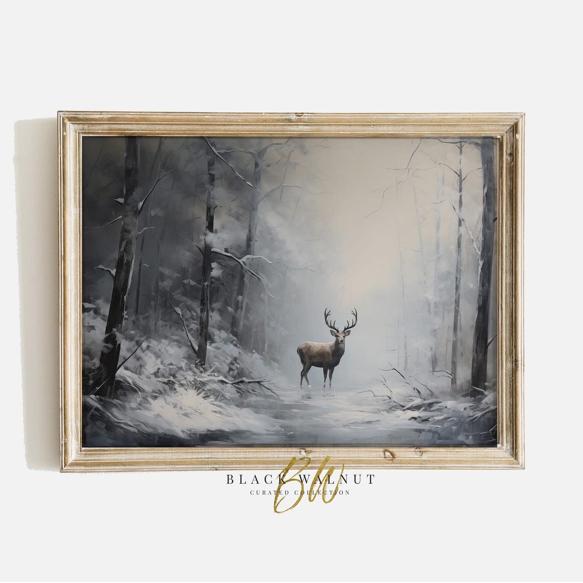 Winter Stag In Misty Snowy Forest Moody Wildlife Painting Art Poster