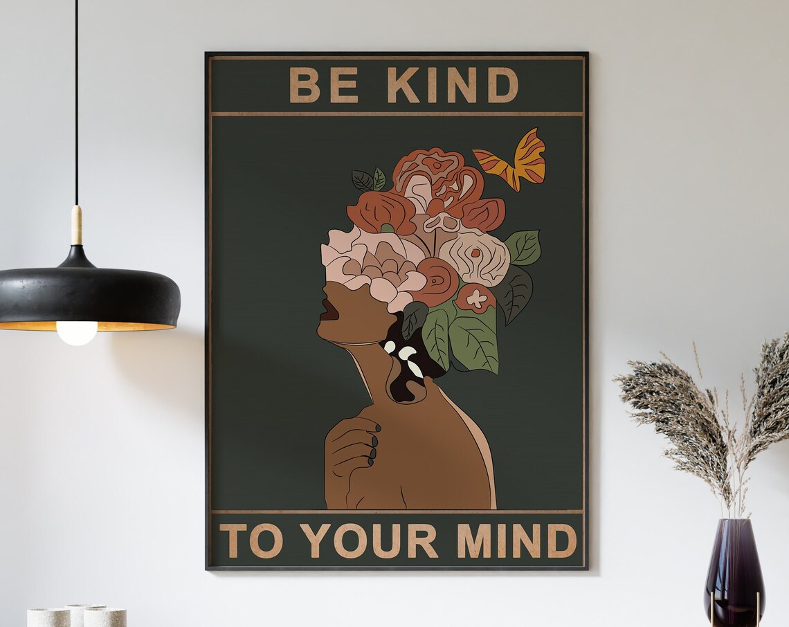 Be Kind to Your Mind Floral Woman Portrait Quote Boho Art Poster - Image 3
