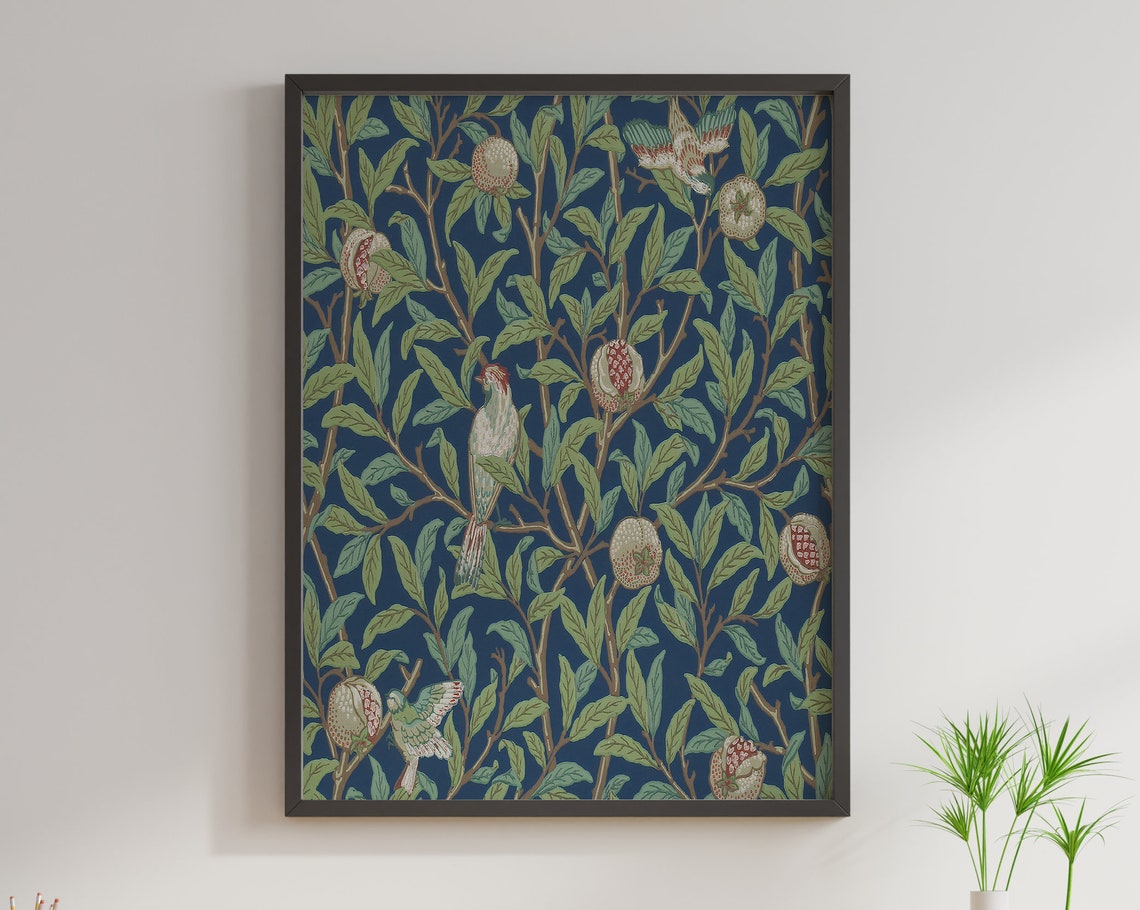 William Morris Style Print Pomegranate Bird Pattern Navy Botanical - Image 2
