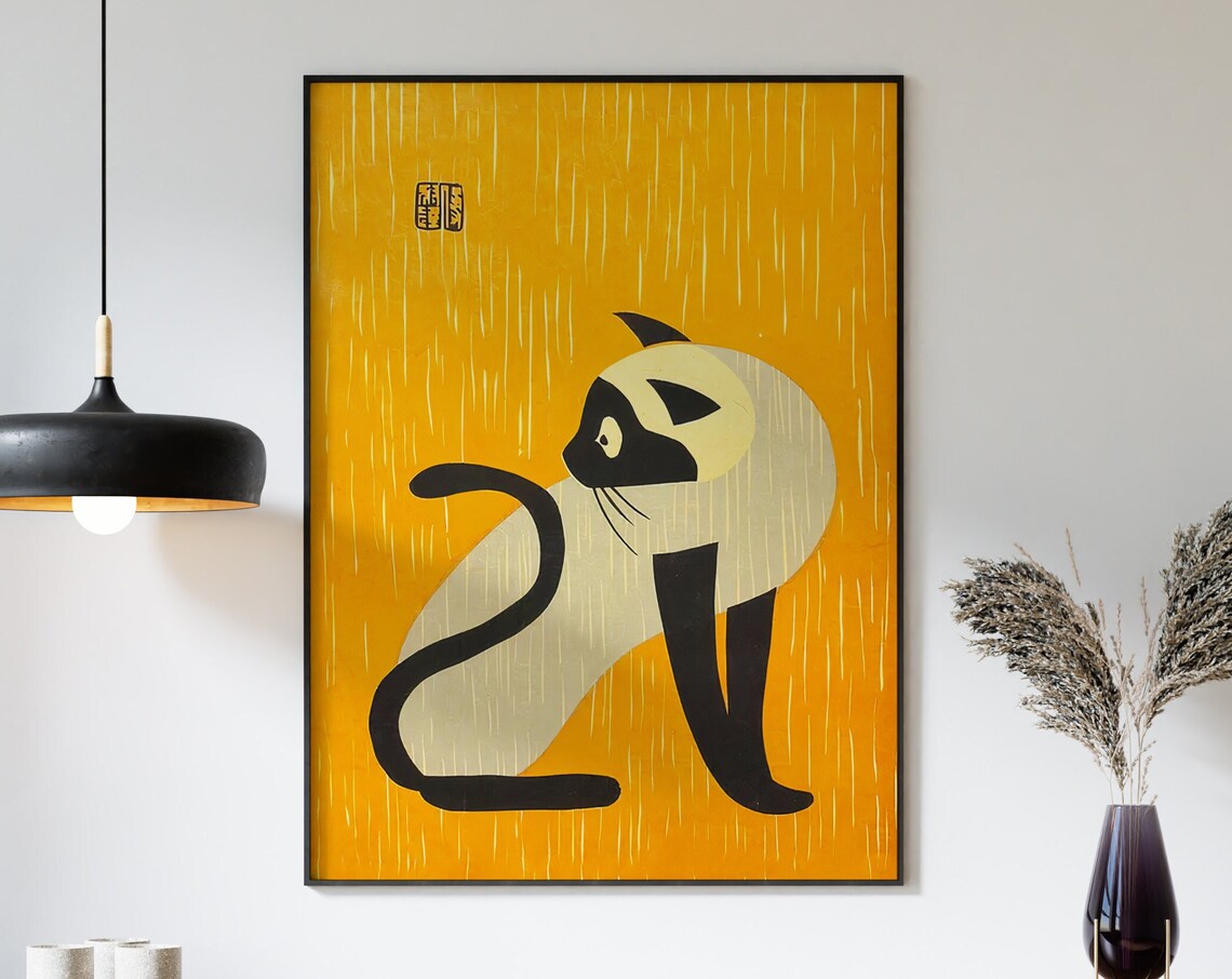 Japanese Siamese Cat Woodblock Style Gold Background Art Poster - Image 3