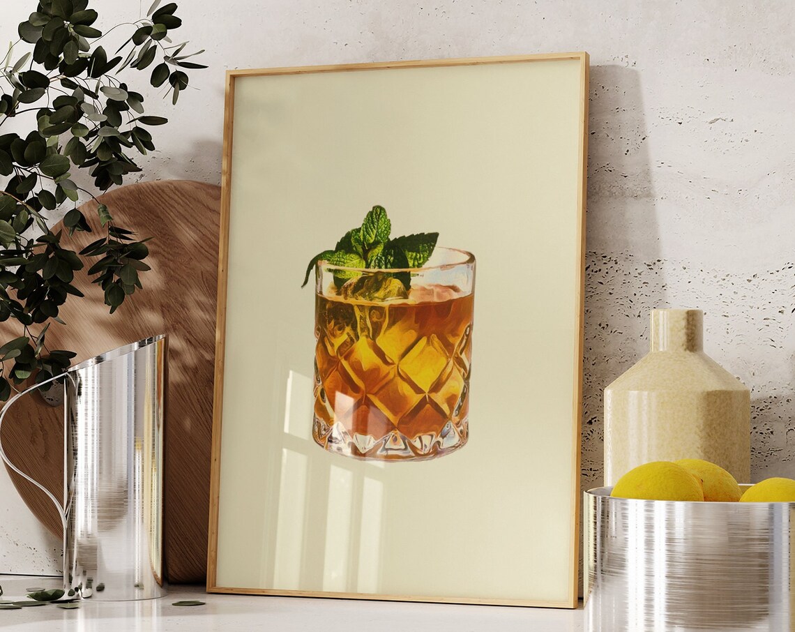 Old Fashioned Cocktail Crystal Glass Mint Cream Bar Art Poster - Image 2