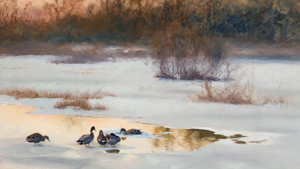 Ducks On Frozen Pond Winter Sunset Vintage Wildlife Art Print - Image 2
