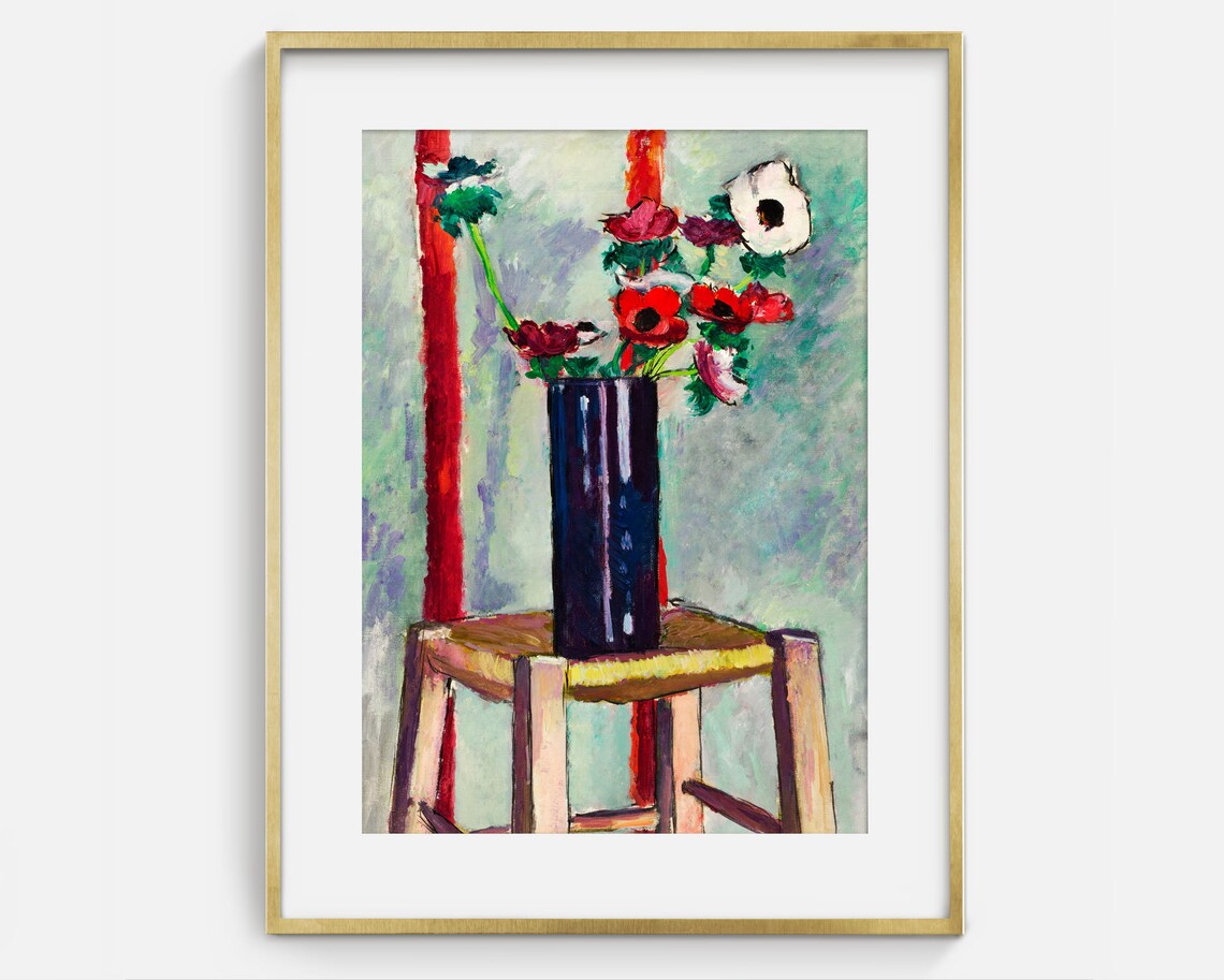 Red Anemones In Blue Vase Bold Floral Still Life Painting Poster - Image 2