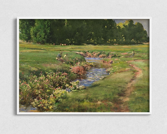 Beside The Stream Vintage Field Landscape Wall Art Antique Oil Painting Print