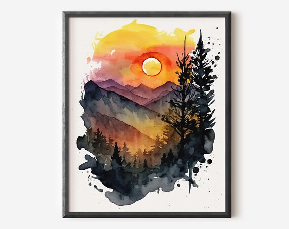 Mountain Sunset Watercolor Poster Pine Silhouette Orange Sky Decor