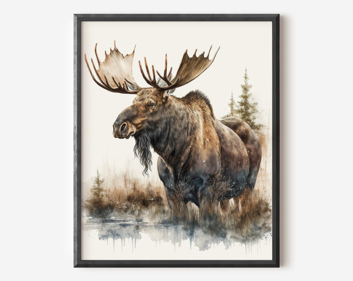 Bull Moose Watercolor Wildlife Poster Marsh Antlers Rustic Decor