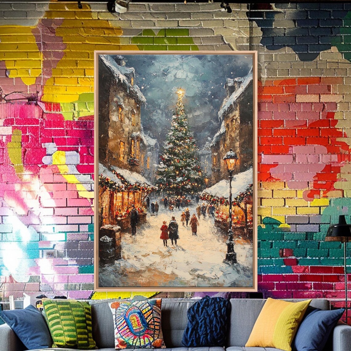 Vintage Christmas Market Scene, Holiday Village Art Print - Image 2