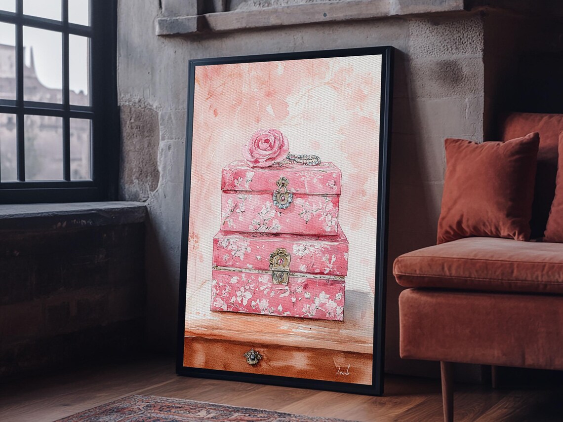 Pink Floral Jewelry Boxes Watercolor Vanity Bedroom Art Print