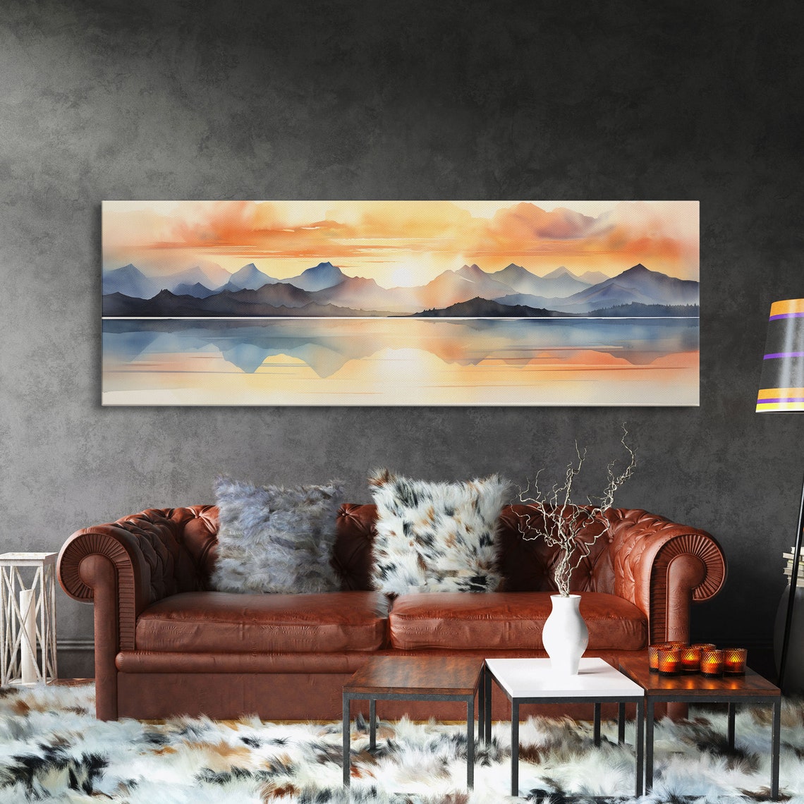 Mountain Lake Sunset Watercolor Blue Peaks Golden Reflection Print - Image 3