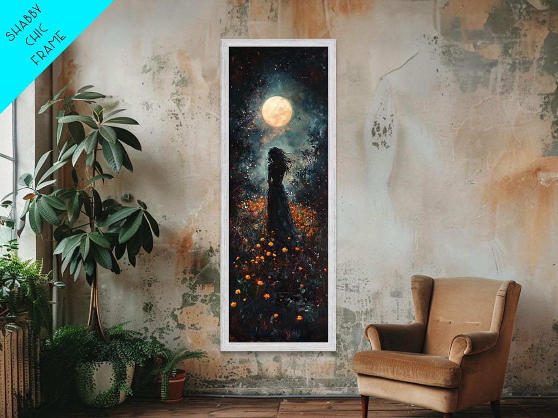 Woman Silhouette Golden Moon Flower Field Dark Romance Wall Art - Image 2