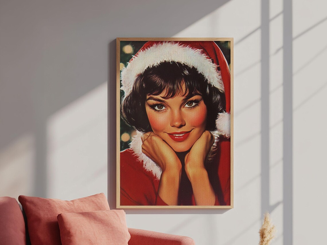 Vintage Christmas Woman Santa Hat Pin Up Retro Portrait Holiday Poster - Image 5