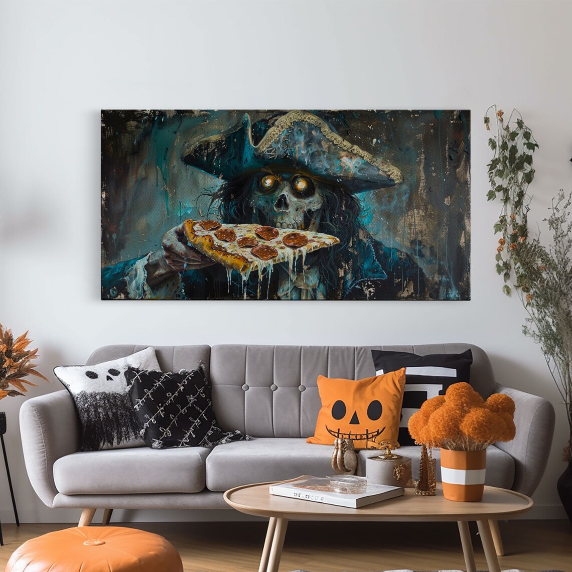Ghost Pirate Eating Pepperoni Pizza Funny Spooky Halloween Art Print
