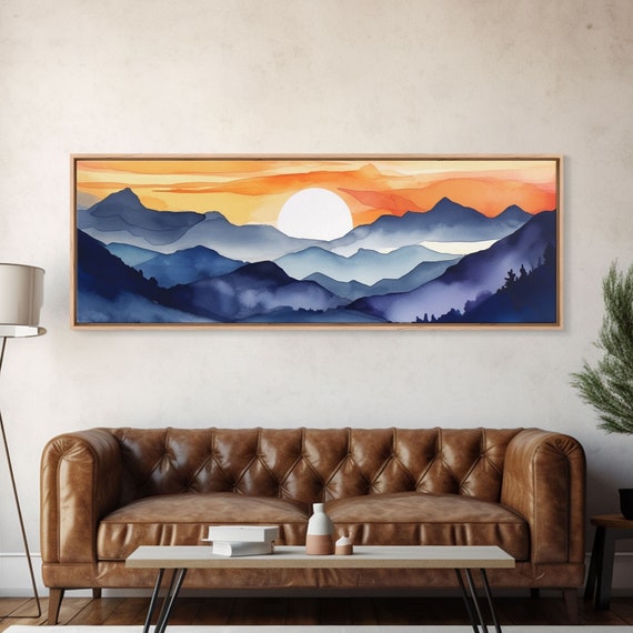 Midcentury Modern Watercolor Painting Of A Mountain Sunset Large Print Mountain Artwork Guest Room Art Mountain Print Panoramic