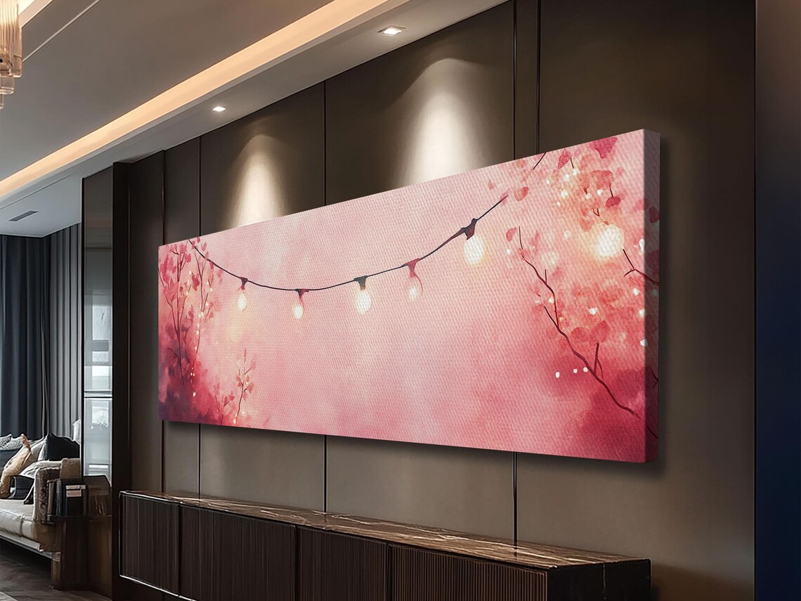 Blush Pink Fairy Lights String Watercolor Cozy Horizontal Wall Art Poster - Image 6