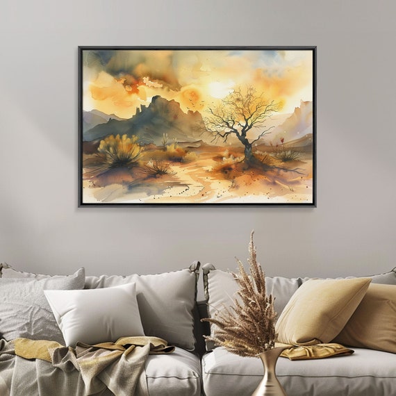 Large Wall Art Desert Print Wood Framed Print Original Artwork Watercolor Landscape Painting Minimalist Wall Art
