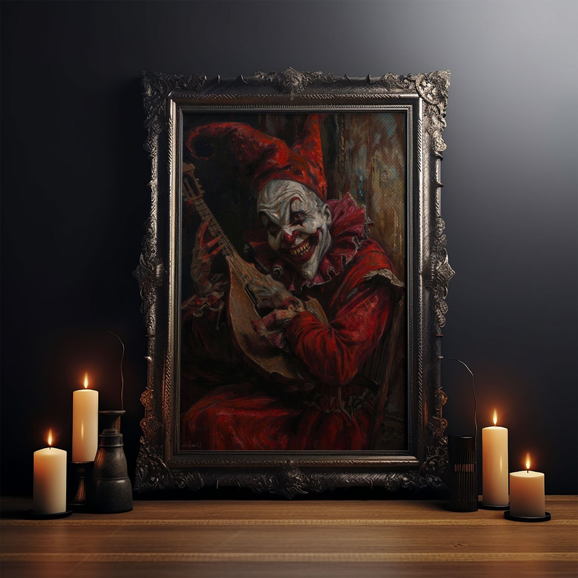 Sinister Jester Playing Mandolin With Bloody Hands Halloween Art Print - Image 4
