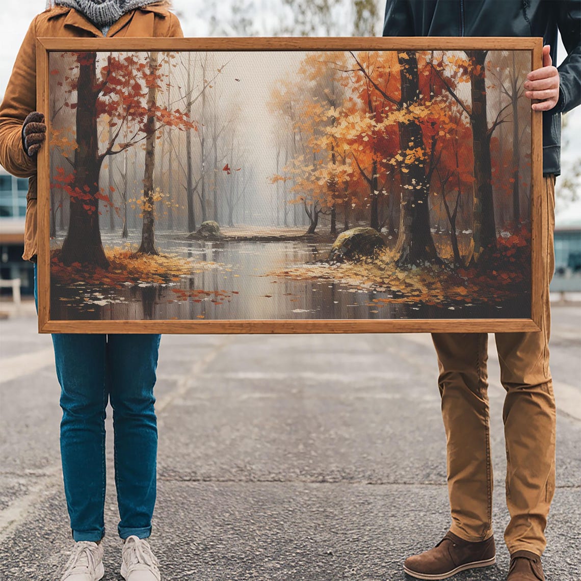 Autumn Forest Red Orange Trees Beside Still Pond Impressionist Poster - Image 3
