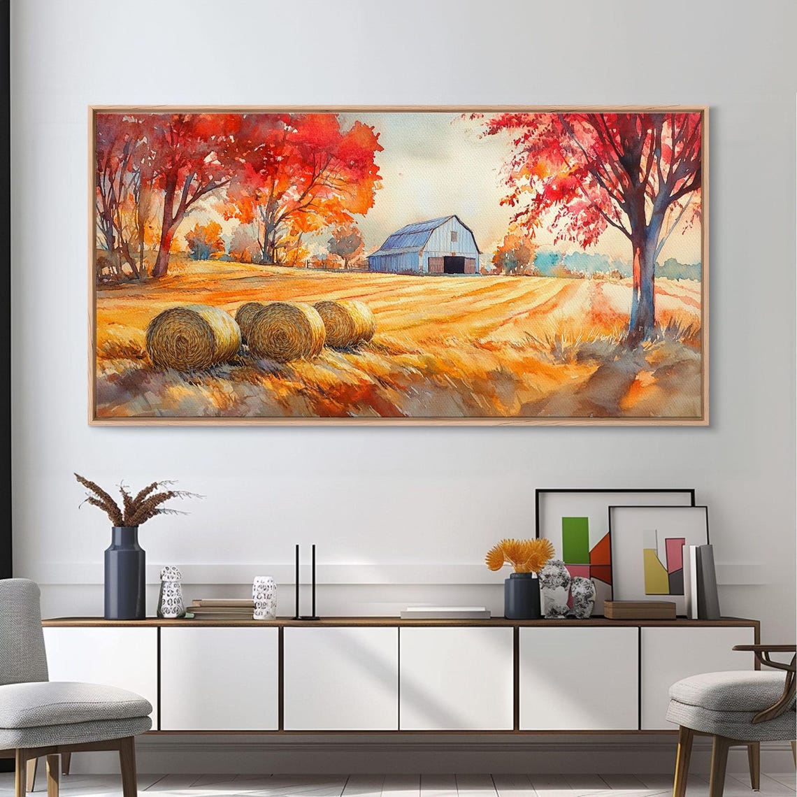Autumn Farmhouse Barn With Hay Bales Red Maple Trees Art Print - Image 2