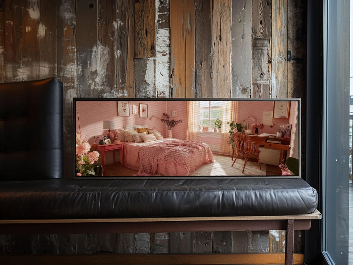 Pink Cozy Bedroom Interior Art Sunlit Cottagecore Blush Wall Poster - Image 5