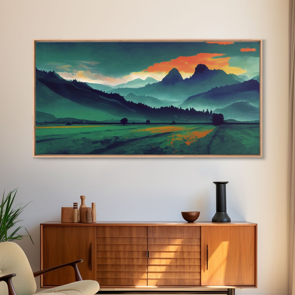 Emerald Valley Mountains Under Fiery Orange Sunset Sky Painterly Print