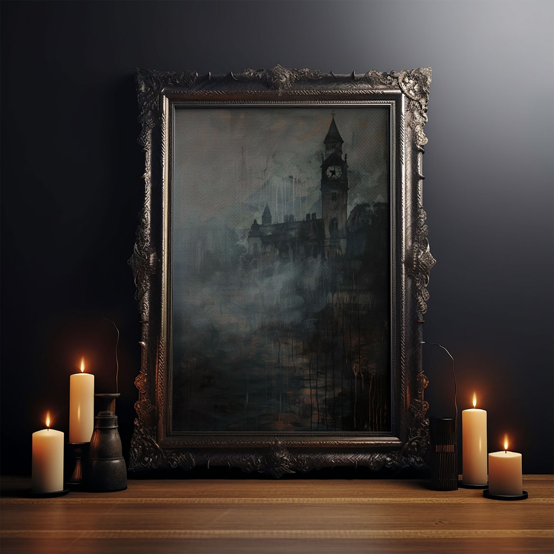 Haunted Gothic Clock Tower Foggy Night Dark Moody Art Poster - Image 4
