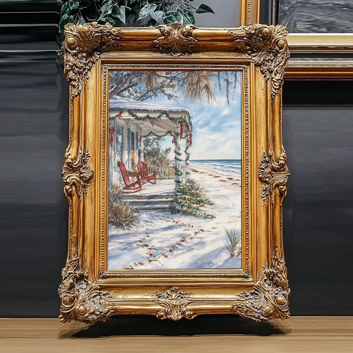 Snowy Beach Cottage Christmas Porch Garland Ocean View Poster - Image 3