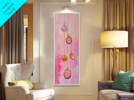 Pink Gemstone Pendant Necklaces Watercolor Gold Chains Vertical Art Poster
