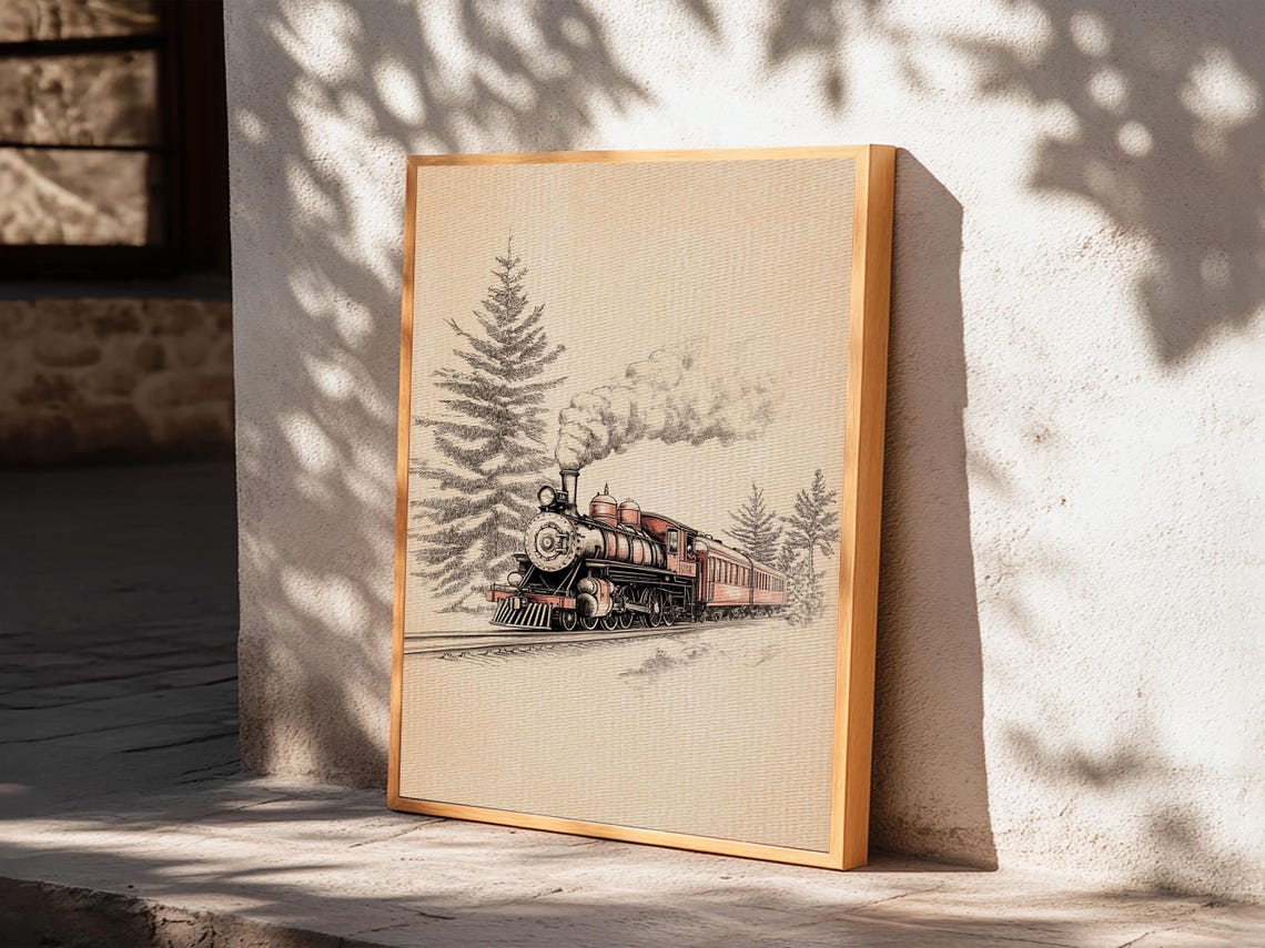 Vintage Steam Train Christmas Sketch Locomotive Pine Trees Art Poster - Image 6