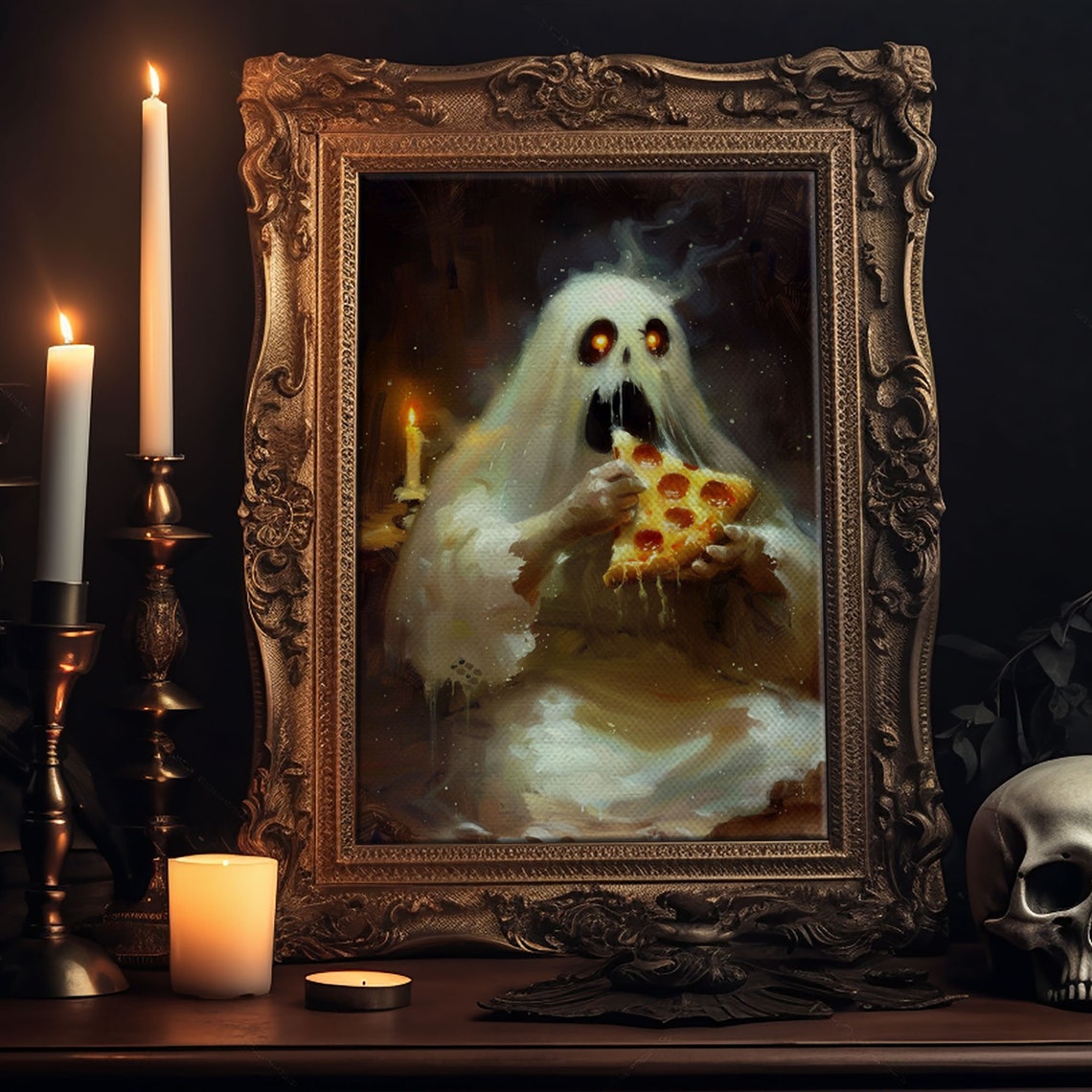 Hungry Ghost Eating Pepperoni Pizza Spooky Funny Candlelit Poster - Image 6