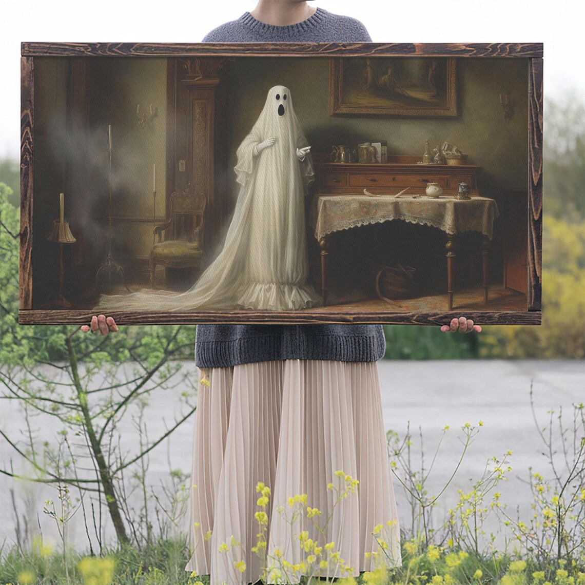 Friendly Sheet Ghost Haunting Victorian Parlour Oil Painting Print - Image 2