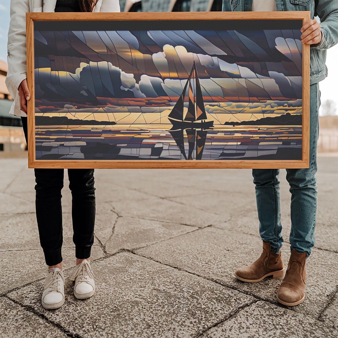 Stained Glass Sailboat Sunset Mosaic Dark Clouds Nautical Art Poster - Image 5