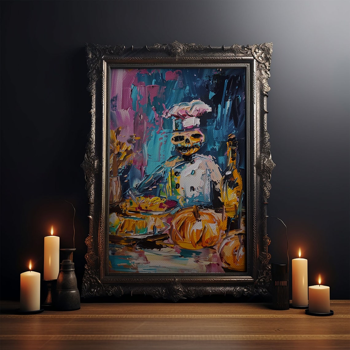 Skeleton Chef Cooking Pumpkins Colorful Impasto Kitchen Art Poster - Image 3
