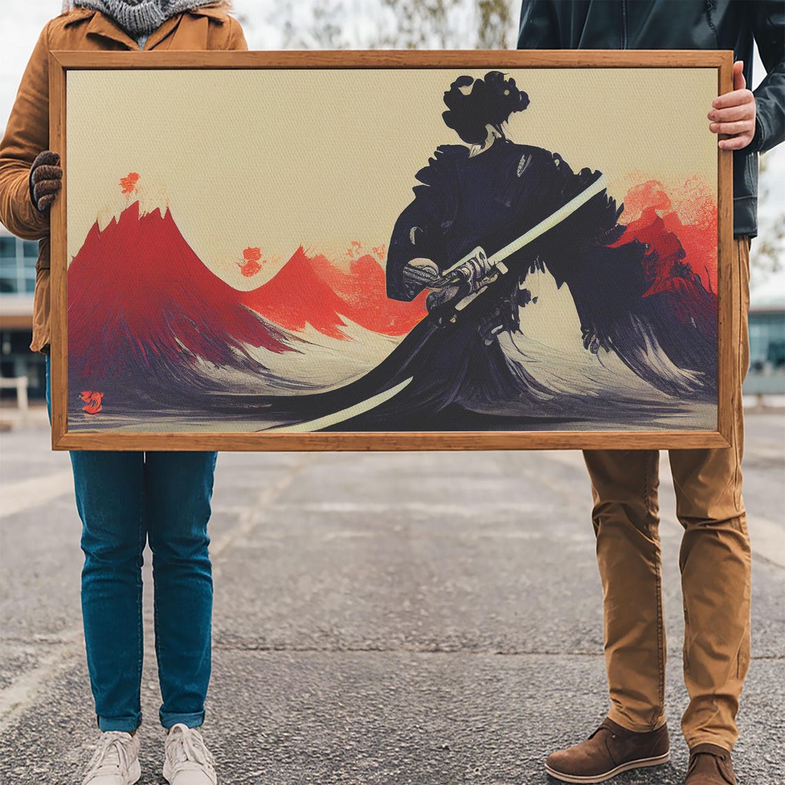 Samurai Warrior Silhouette Against Red Mountains Japanese Art Poster - Image 3