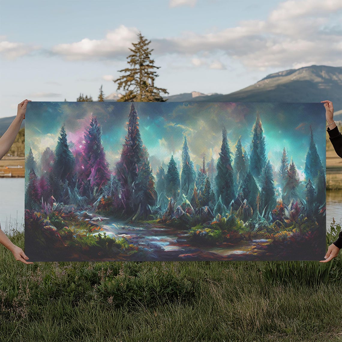 Trippy Psychedelic Forest Tall Pines Vivid Colorful Art Poster