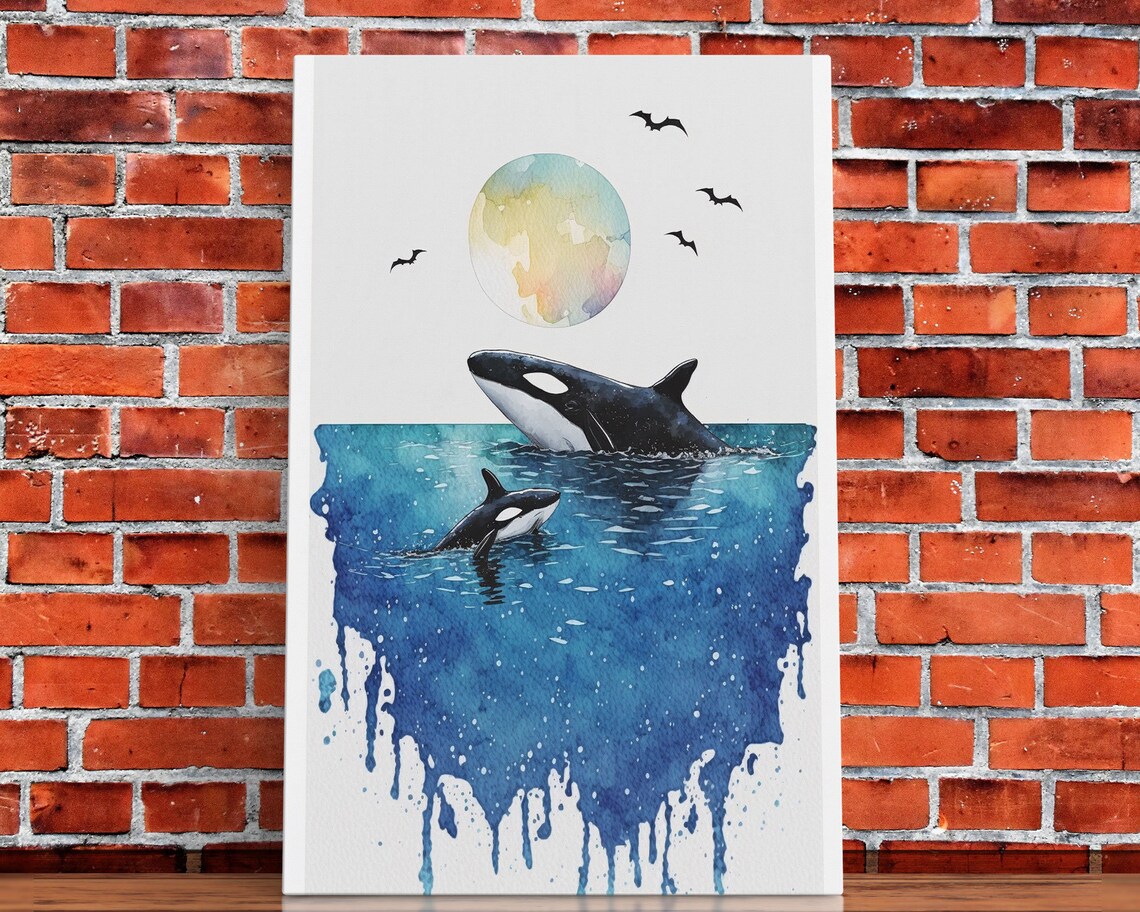 Watercolor Orca Whales Mother Calf Ocean Blue Drip Nursery Art Poster - Image 4