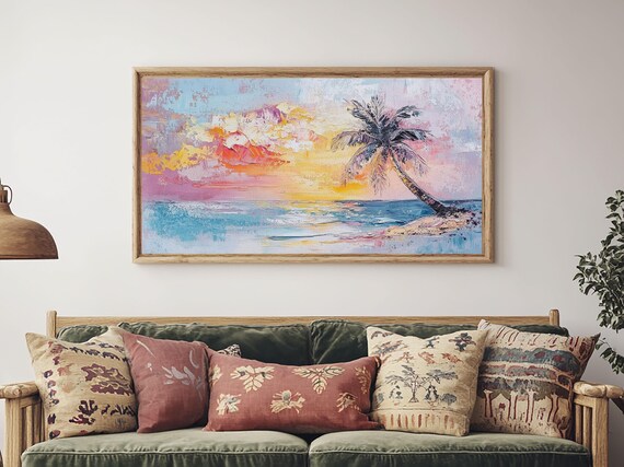 Tropical Beach Sunset Painting Palm Tree Pink Sky Impasto Ocean Art Print