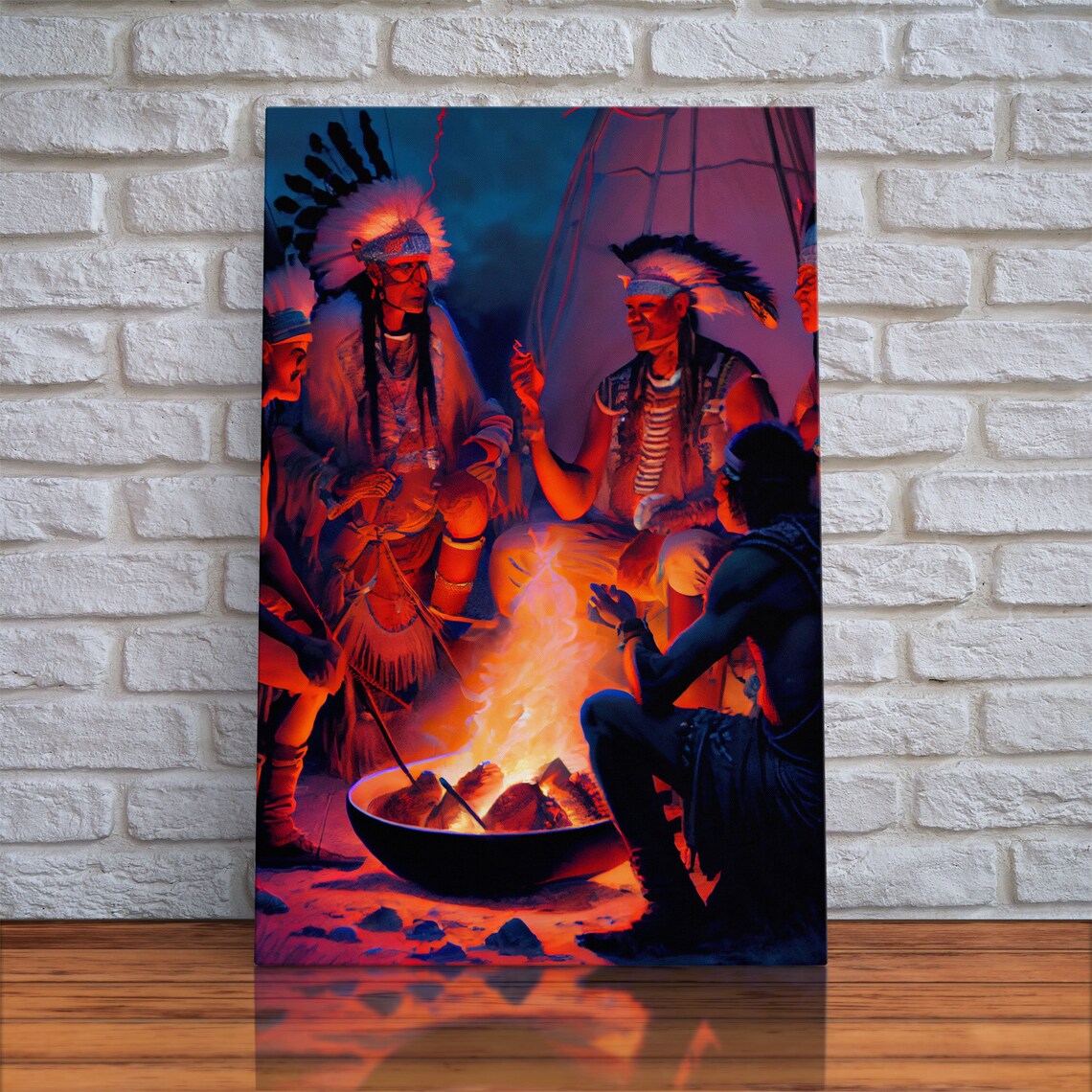 Native Americans at Campfire, Wild West Watercolor Art Print - Image 4