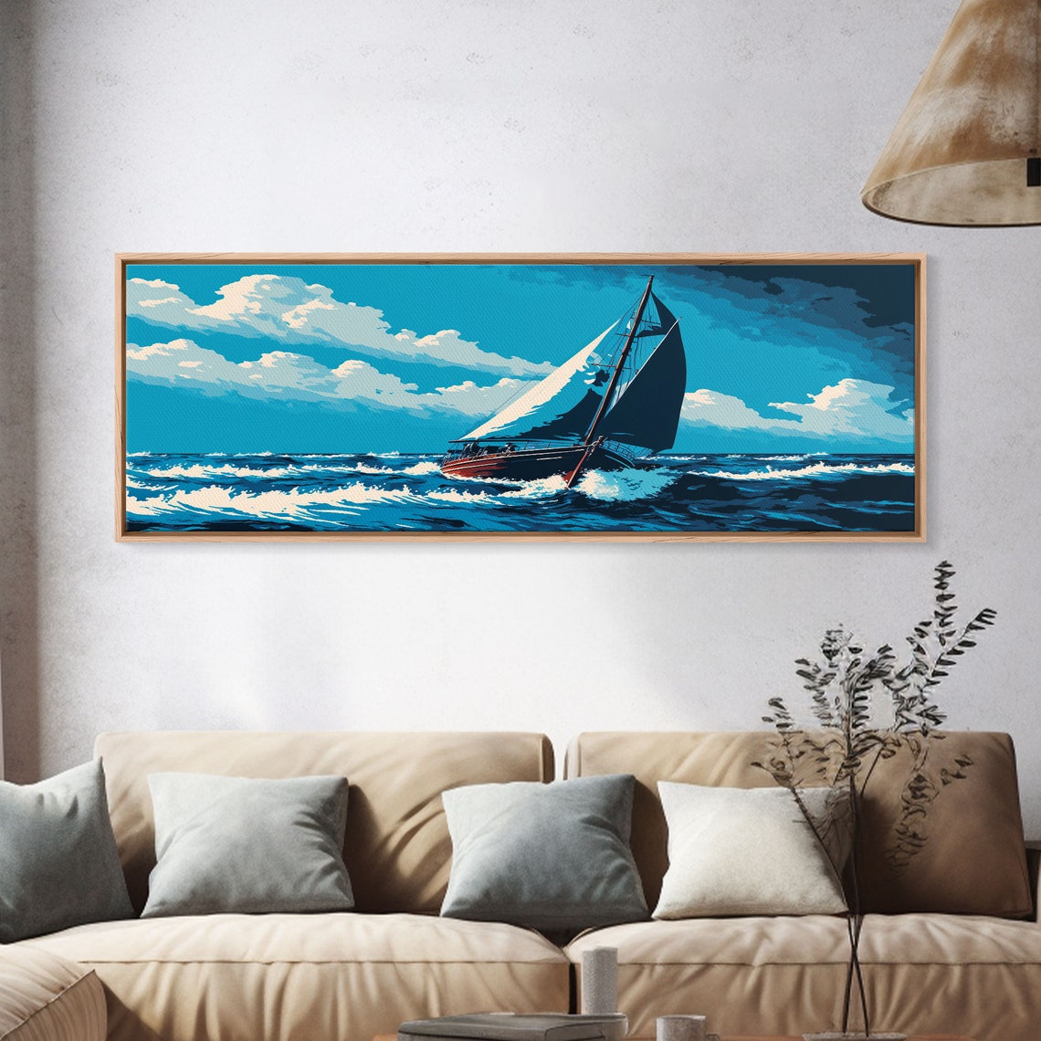 Panoramic Sailboat Blue Ocean Waves Full Sails Sunny Sky Wall Poster - Image 4
