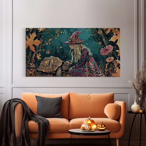 Victorian Witch With Tortoise Familiar In Autumn Forest Art Print