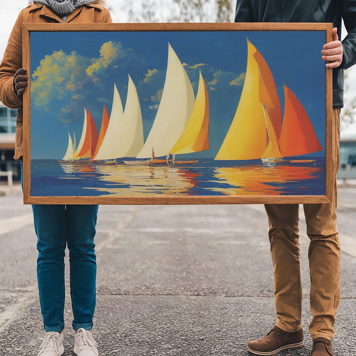 Art Deco Sailboats Orange Sails Racing On Deep Blue Sea Regatta Poster - Image 3