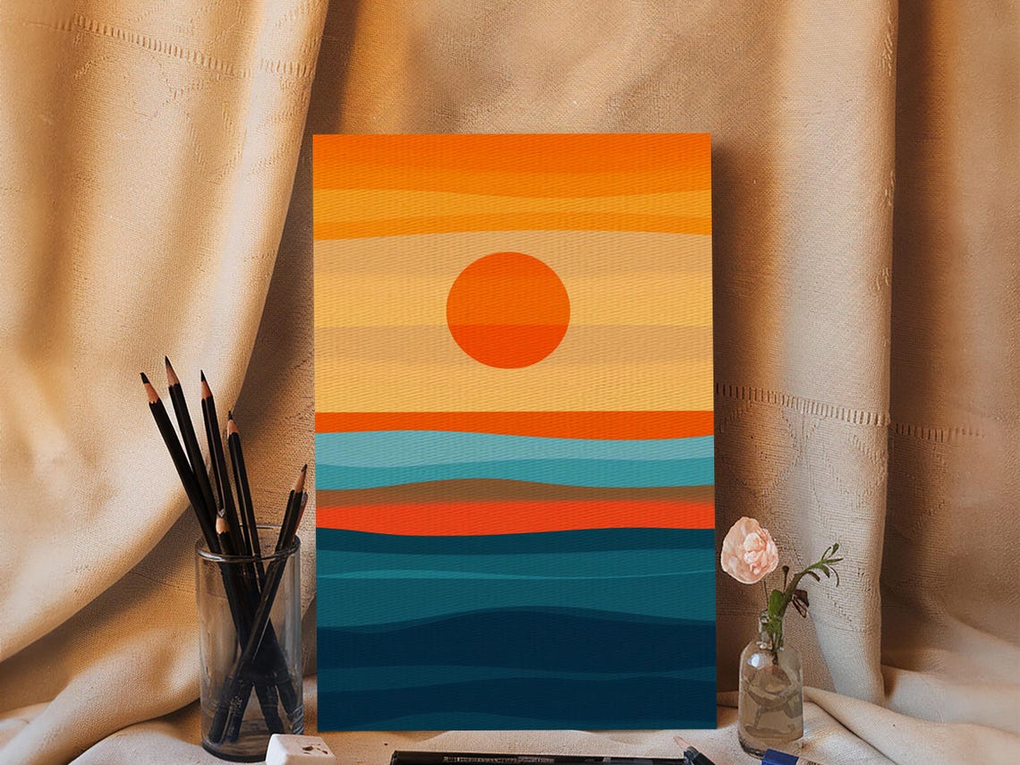 Minimalist Retro Sunset Over Ocean Waves Orange Teal Art Poster - Image 5