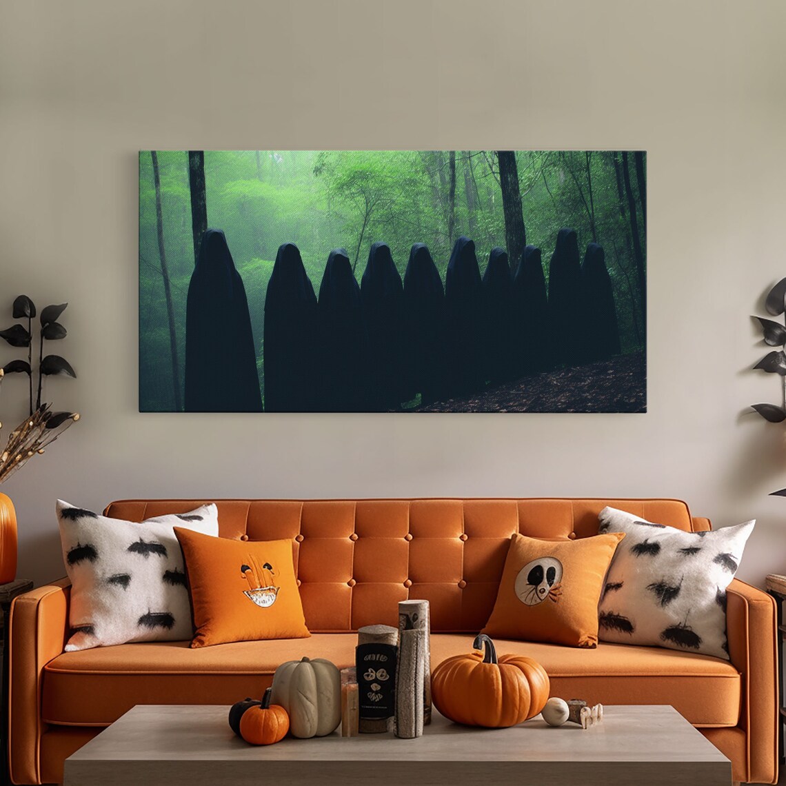 Hooded Cult Silhouettes In Misty Green Forest Panoramic Print - Image 4