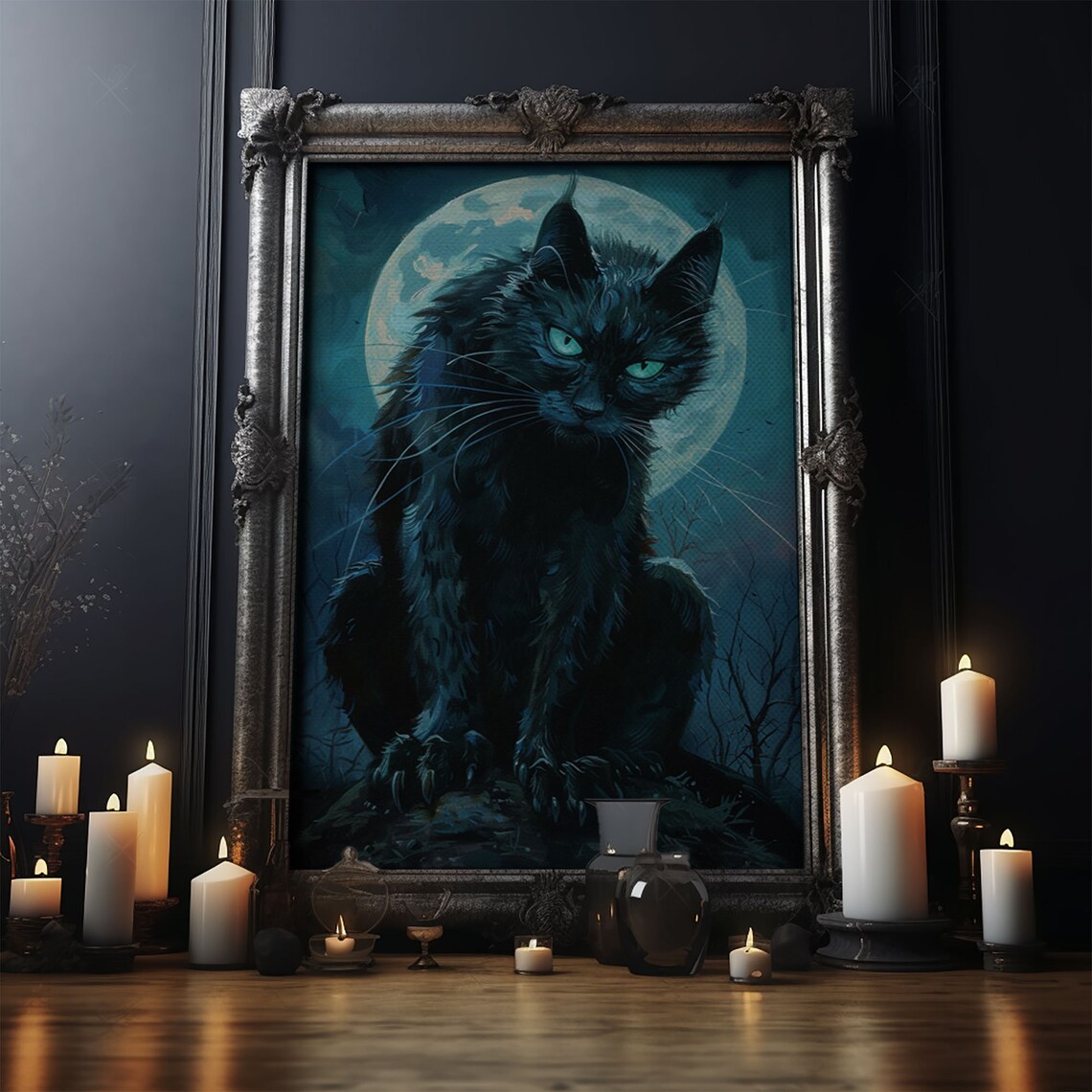 Black Cat With Green Eyes Against Full Moon Spooky Halloween Print - Image 5