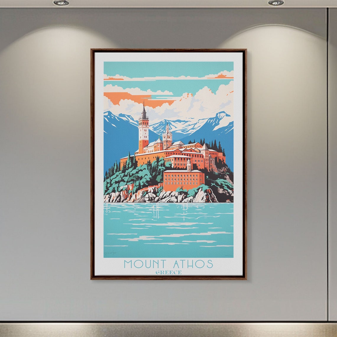 Mount Athos Greece Monastery Cliffs Coastline View Vintage Poster