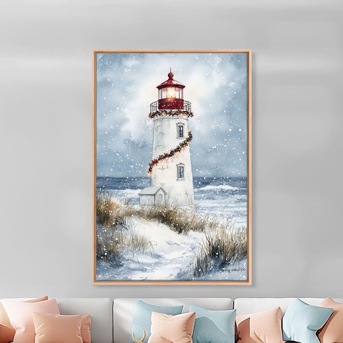 White Lighthouse Wrapped In Christmas Garland In Snowstorm Poster - Image 2