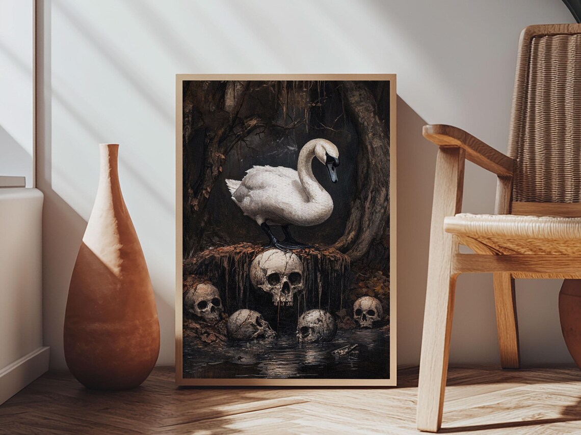 Black Swan Gothic Halloween Art Print, Dark Academia