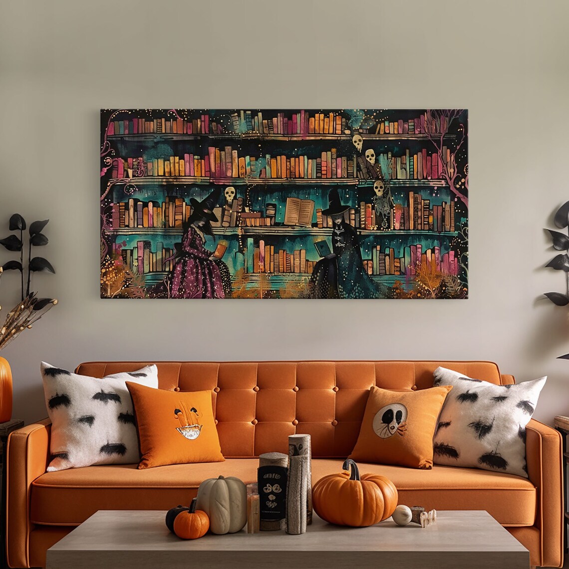 Witch Library Two Witches Colorful Bookshelves Skulls Spooky Halloween Print - Image 5