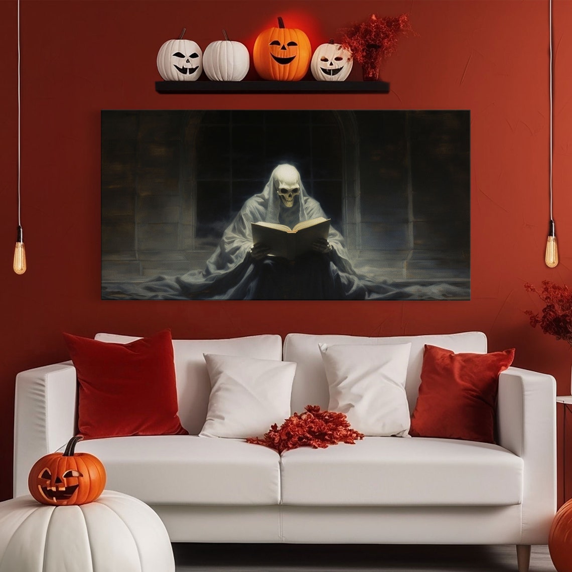 Grim Reaper Reading Book In Moonlit Library Gothic Panoramic Print - Image 6